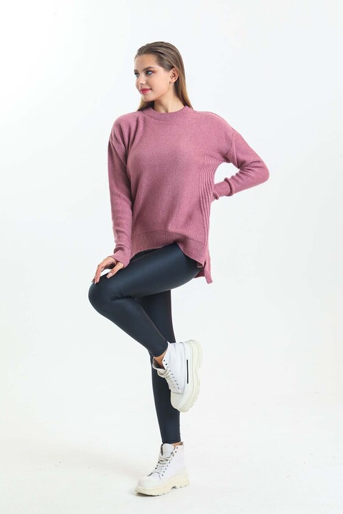 Arkası Düğme Detaylı Önü Kısa Yarasa Kol Triko Kazak