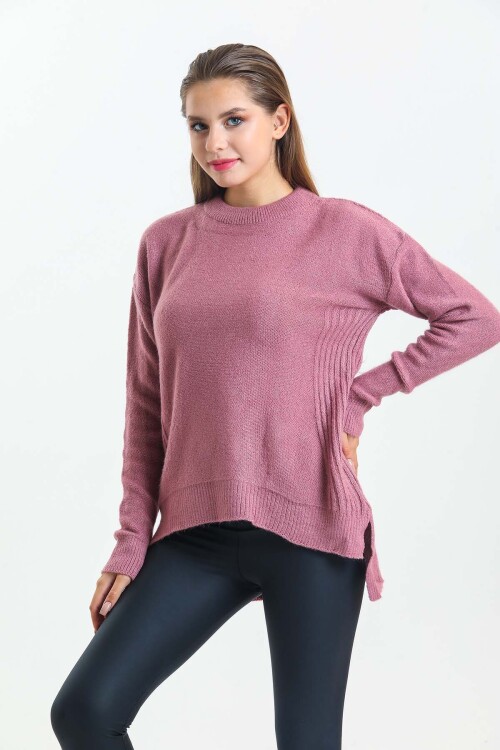 Arkası Düğme Detaylı Önü Kısa Yarasa Kol Triko Kazak