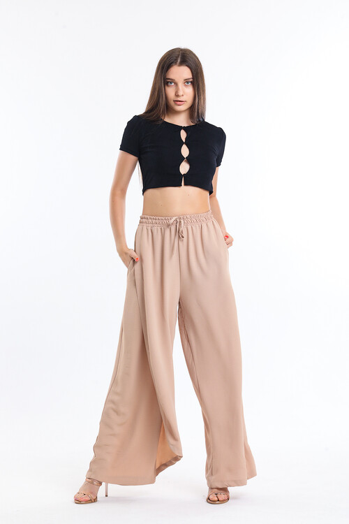 Beli Lastikli Bağcıklı Cepli Yüksek Bel Bol Paça Pantolon