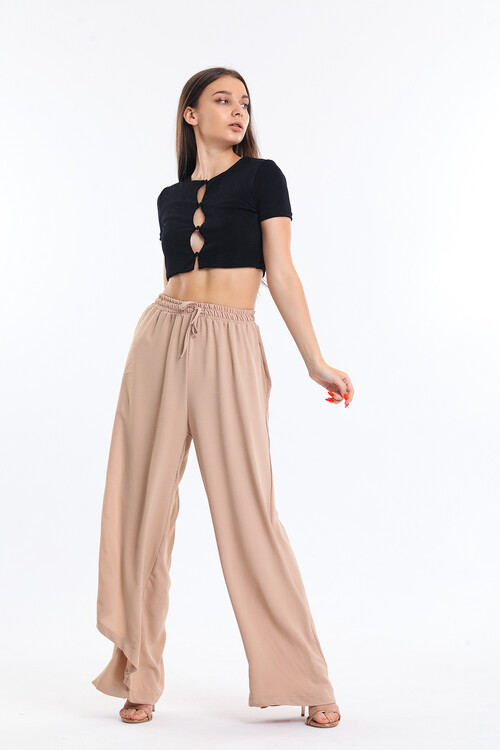 Beli Lastikli Bağcıklı Cepli Yüksek Bel Bol Paça Pantolon