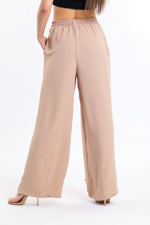 Beli Lastikli Bağcıklı Cepli Yüksek Bel Bol Paça Pantolon