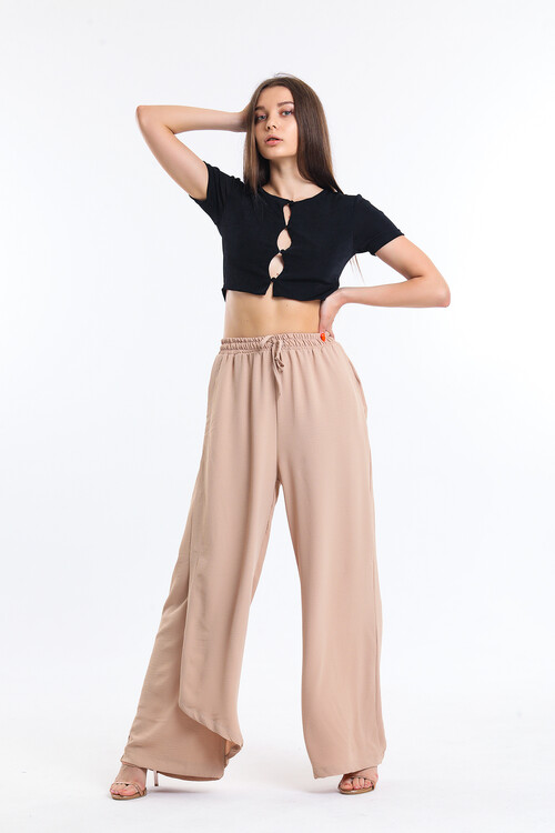 Beli Lastikli Bağcıklı Cepli Yüksek Bel Bol Paça Pantolon