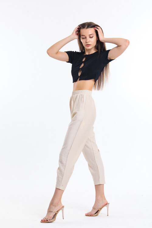 Beli Lastikli Paçası Pensli Cepli Pantolon