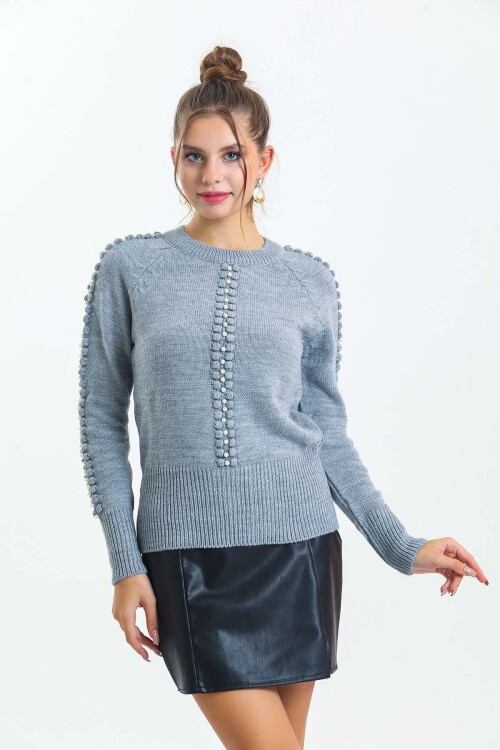 Bisiklet Yaka Boncuk Detaylı Kazak