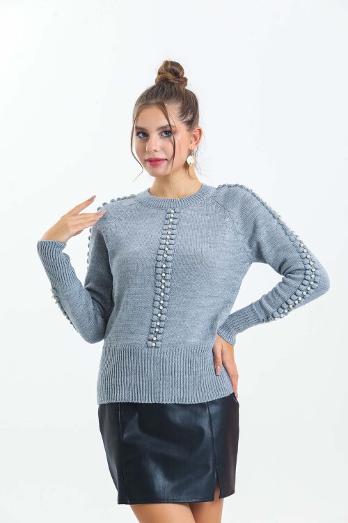 Bisiklet Yaka Boncuk Detaylı Kazak