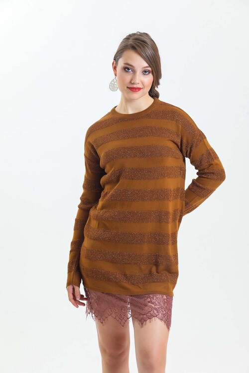 Bisiklet Yaka Eteği Dantelli Çizgili Simli Triko Elbise