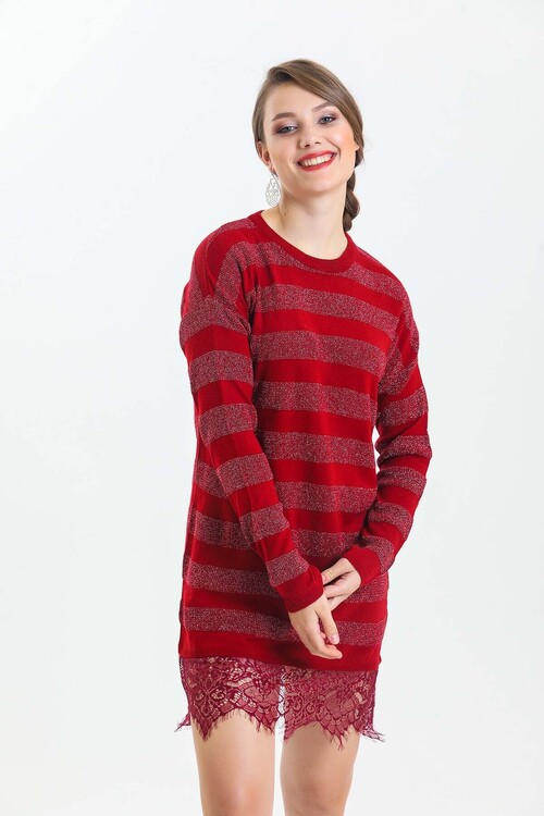 Bisiklet Yaka Eteği Dantelli Çizgili Simli Triko Elbise