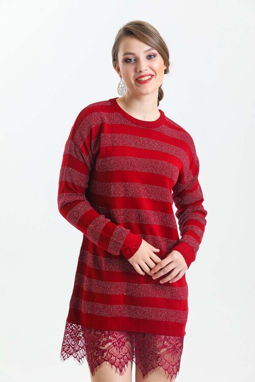 Bisiklet Yaka Eteği Dantelli Çizgili Simli Triko Elbise