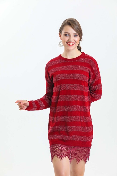 Bisiklet Yaka Eteği Dantelli Çizgili Simli Triko Elbise