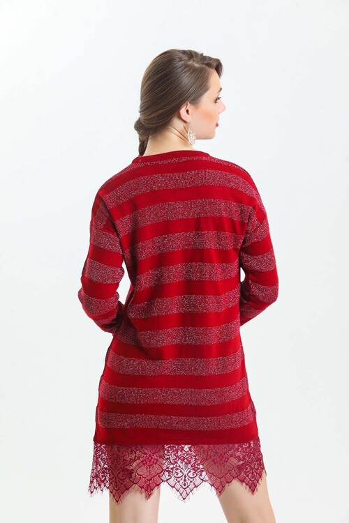 Bisiklet Yaka Eteği Dantelli Çizgili Simli Triko Elbise