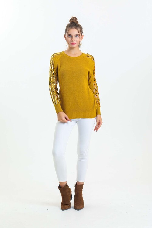 Bisiklet Yaka Kolları Pul Detaylı Triko Kazak