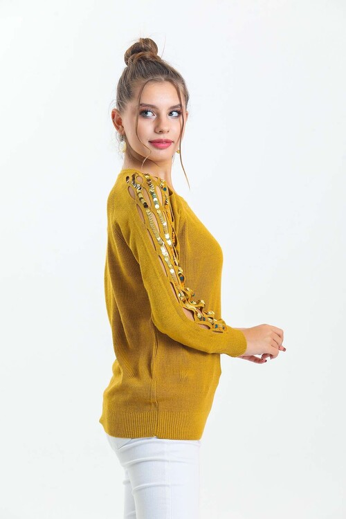 Bisiklet Yaka Kolları Pul Detaylı Triko Kazak