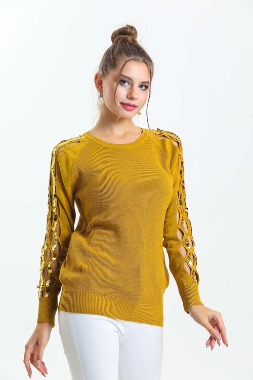 Bisiklet Yaka Kolları Pul Detaylı Triko Kazak