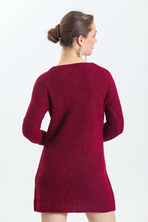 Geniş Yaka Önü Cepli Simli Uzun Kol Triko Elbise