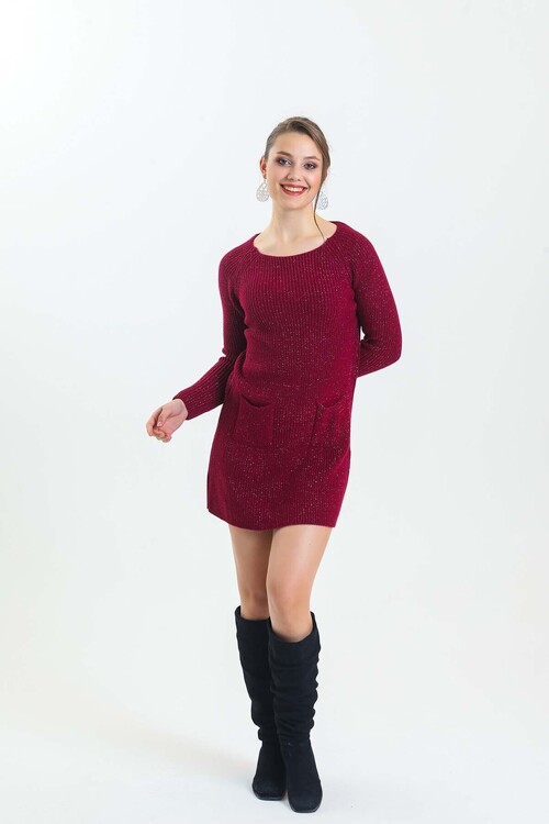 Geniş Yaka Önü Cepli Simli Uzun Kol Triko Elbise