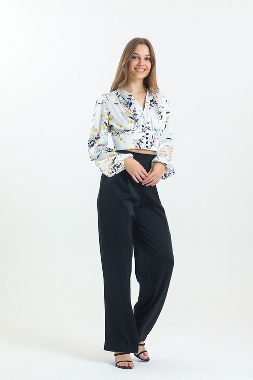 Kadın Balon Kol Çiçek Desenli Saten İkili Takım