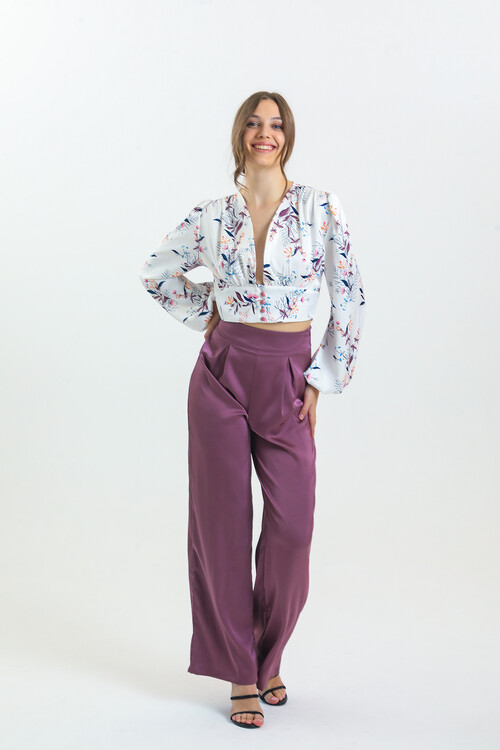 Kadın Balon Kol Çiçek Desenli Saten İkili Takım