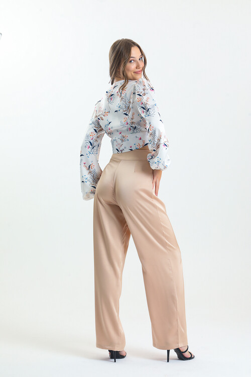 Kadın Balon Kol Çiçek Desenli Saten İkili Takım