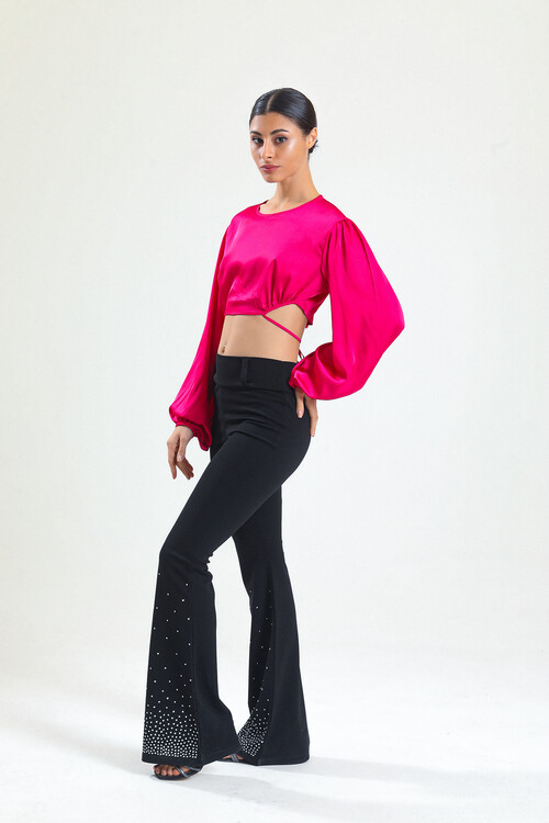 KADIN Balon Kol Eteği Bağcıklı Saten Crop Bluz