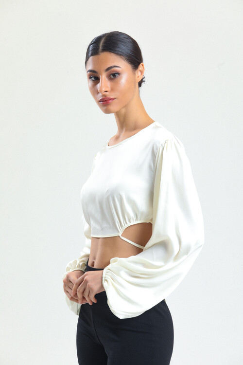 KADIN Balon Kol Eteği Bağcıklı Saten Crop Bluz