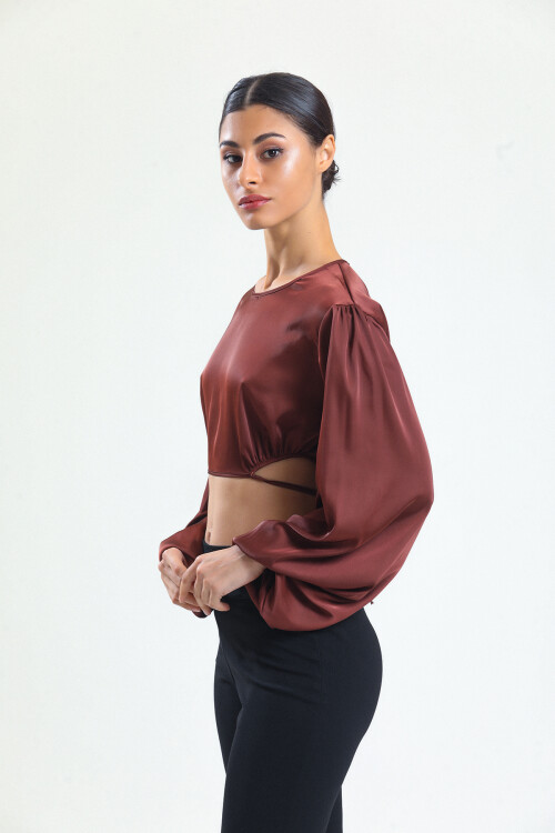 KADIN Balon Kol Eteği Bağcıklı Saten Crop Bluz