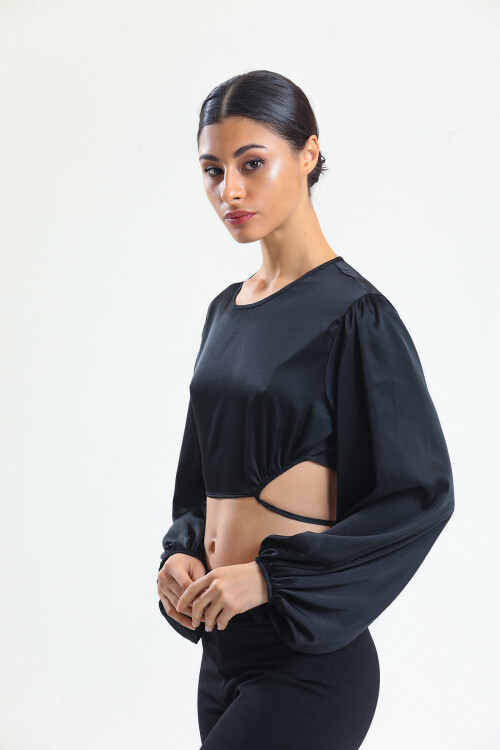 KADIN Balon Kol Eteği Bağcıklı Saten Crop Bluz