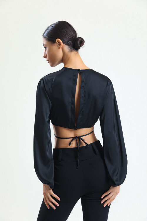 KADIN Balon Kol Eteği Bağcıklı Saten Crop Bluz