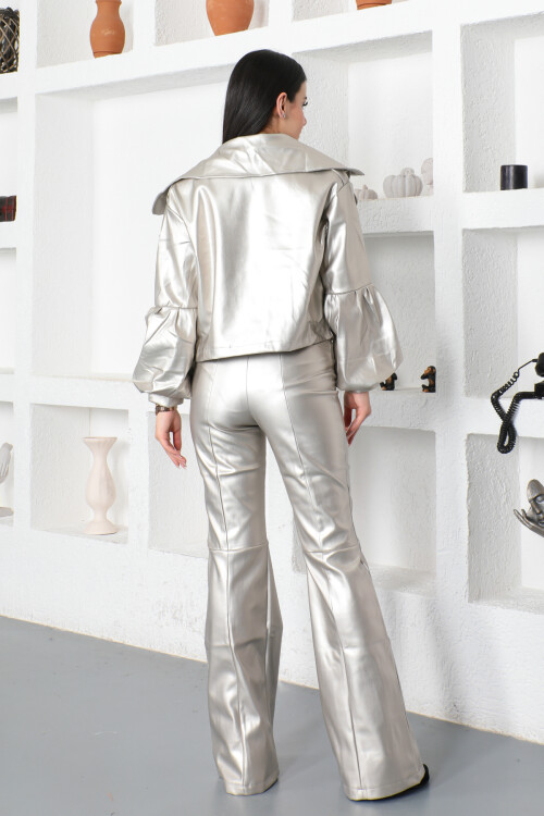 KADIN Beli Lastikli Yüksek Bel İspanyol Paça Deri Pantolon