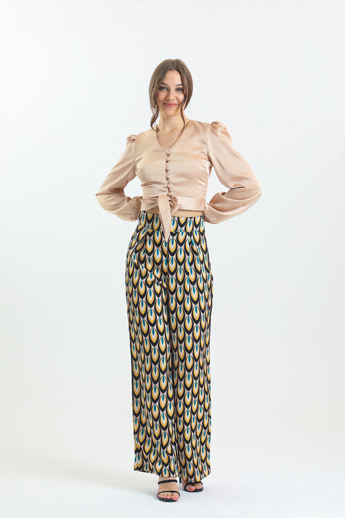 Kadın Etnik Desenli Saten İkili Takım