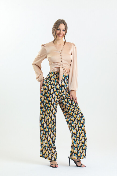 Kadın Etnik Desenli Saten İkili Takım