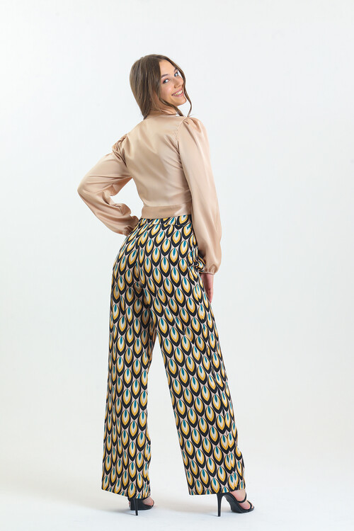 Kadın Etnik Desenli Saten İkili Takım