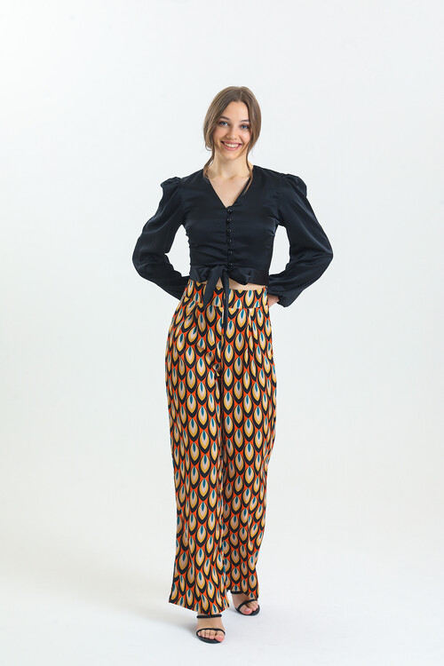 Kadın Etnik Desenli Saten İkili Takım