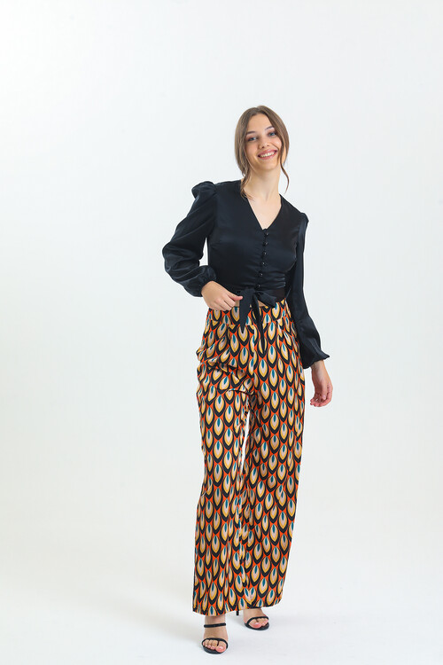 Kadın Etnik Desenli Saten İkili Takım