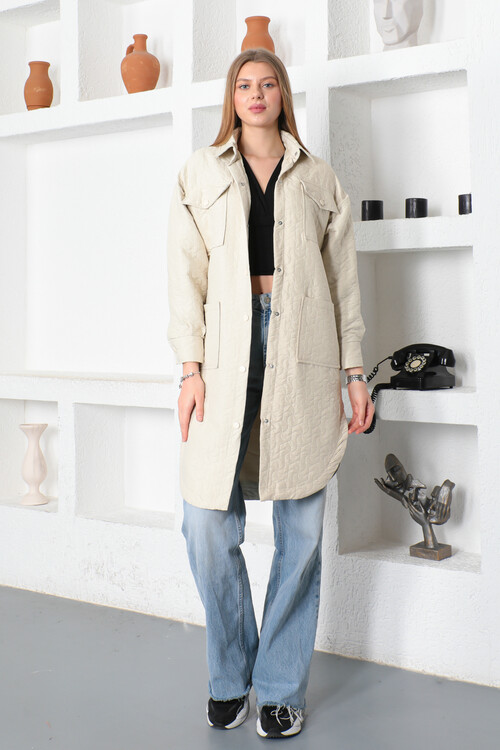 KADIN Geometrik Desenli Çıtçıtlı Gömlek Yaka Cepli Trençkot