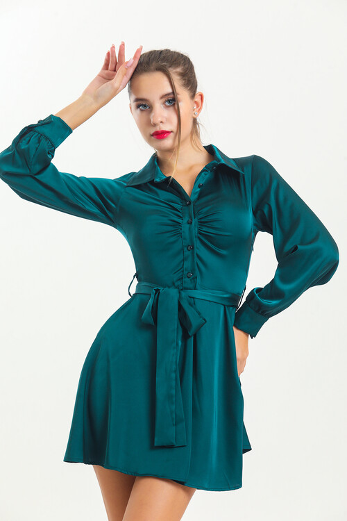 Kadın Gömlek Yaka Kuşaklı Uzun Kol Saten Elbise