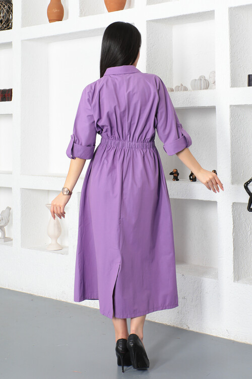 KADIN Gömlek Yaka Tek Cepli Beli Büzgülü Uzun Elbise