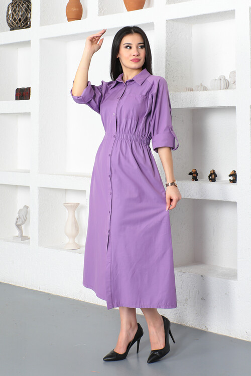 KADIN Gömlek Yaka Tek Cepli Beli Büzgülü Uzun Elbise