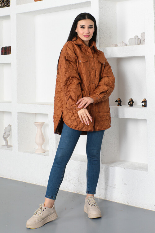 KADIN Kapitone Dikişli Gömlek Yaka Çıtçıtlı Cepli Mont