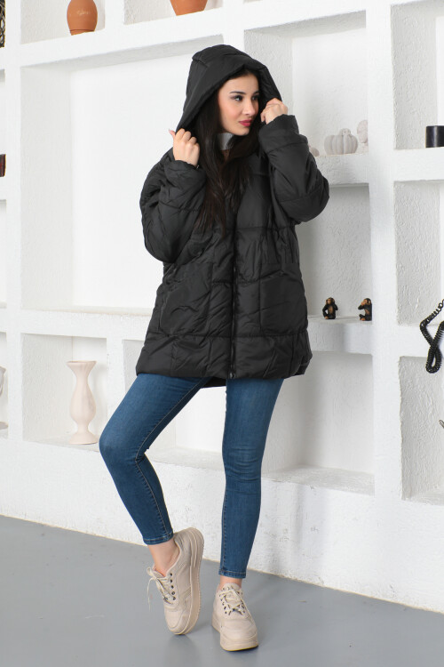 KADIN Kapüşonlu Oversize Cepli Şişme Mont
