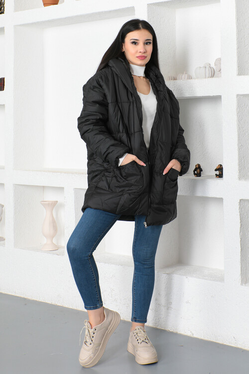 KADIN Kapüşonlu Oversize Cepli Şişme Mont
