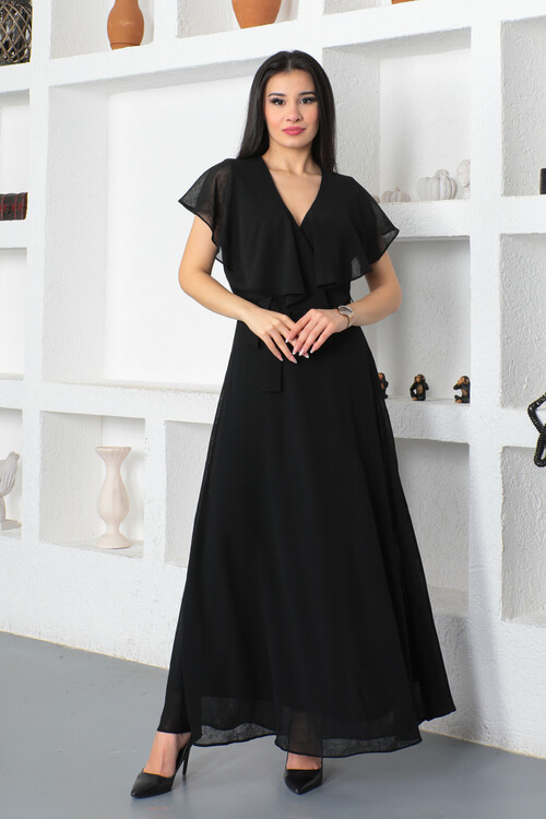 KADIN Kruvaze Yaka Yanı Fermuarlı Kuşaklı Kolsuz Uzun Şifon Elbise