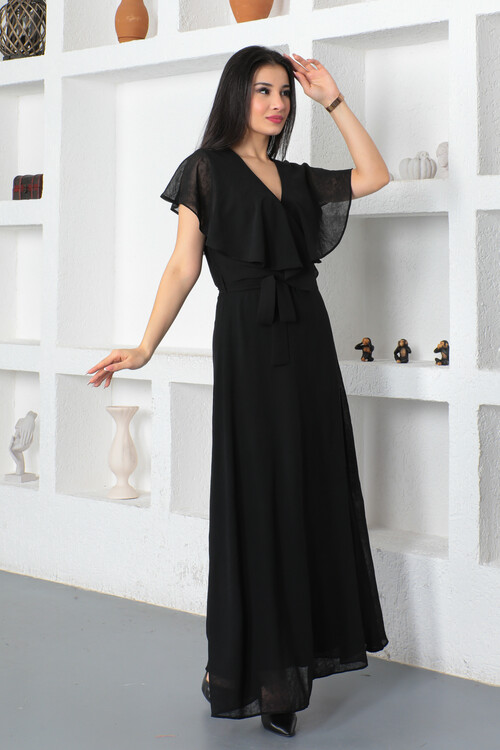 KADIN Kruvaze Yaka Yanı Fermuarlı Kuşaklı Kolsuz Uzun Şifon Elbise