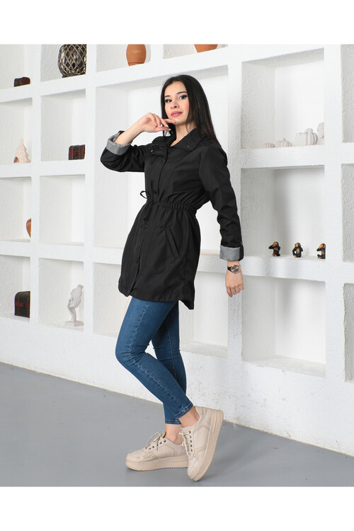 KADIN Önü Çıtçıt Detaylı Fermuarlı Beli Bağcıklı Kolları Katlamalı İçi Astarlı Trençkot