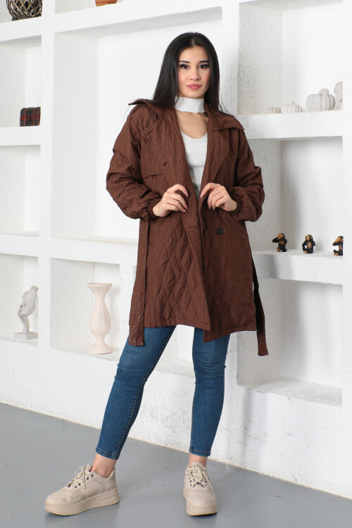 KADIN Önü Düğmeli Kolları Lastikli Kuşaklı Uzun Trençkot