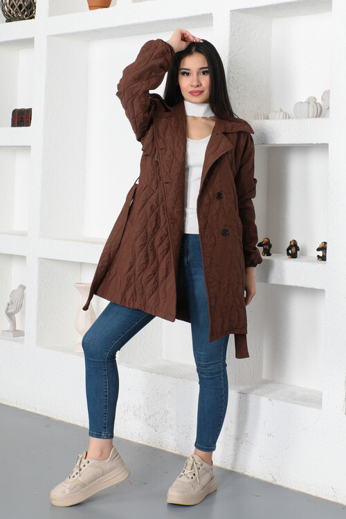 KADIN Önü Düğmeli Kolları Lastikli Kuşaklı Uzun Trençkot