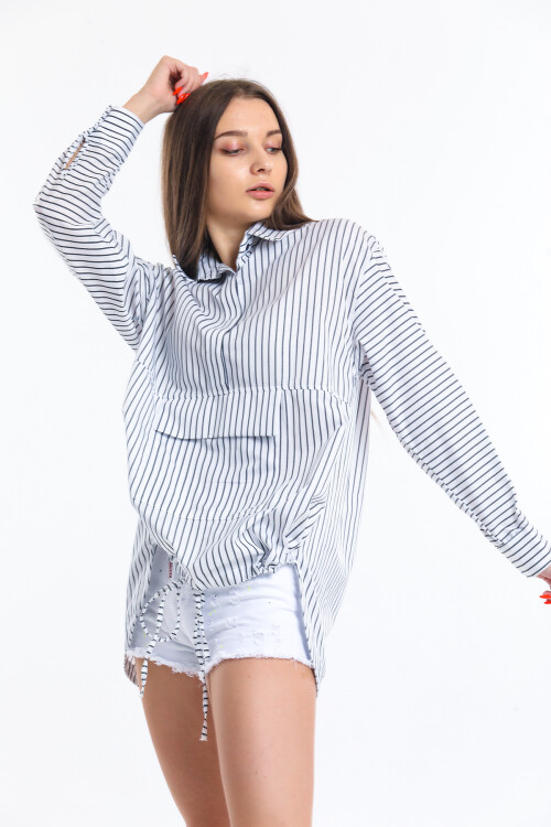 KADIN Önü Tek Cepli Eteği Bağcıklı Çizgili Oversize Gömlek