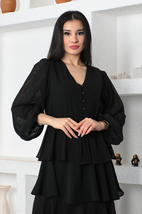 KADIN V Yaka Robası Düğmeli Eteği Fırfırlı İçi Astarlı Uzun Şifon Elbise