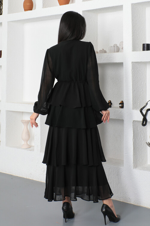 KADIN V Yaka Robası Düğmeli Eteği Fırfırlı İçi Astarlı Uzun Şifon Elbise