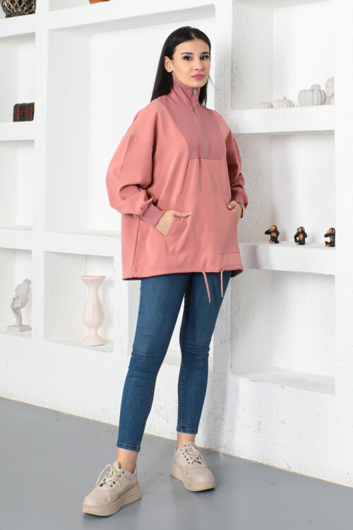 KADIN Yakası Fermuarlı Yarım Balıkçı Yaka Kanguru Cepli Tunik