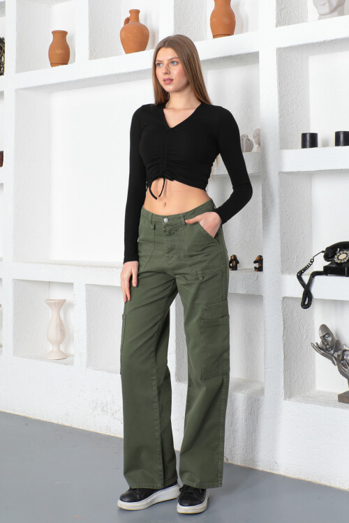 KADIN Yanları Çift Cepli Yüksekbel Bol Paça Gabardin Pantolon